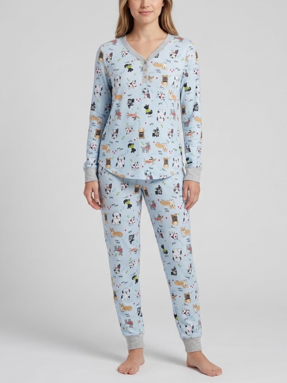 Cuddl Duds Light Blue Dog Print Womens Pajama Set Size XS Top and Bottoms